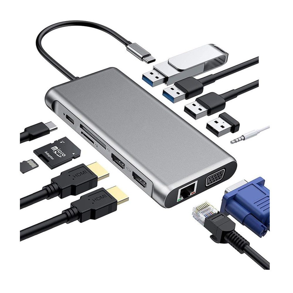 USB-C Hub with USB 3.0/2.0, HDMI, VGA, RJ45, Audio, SD/TF