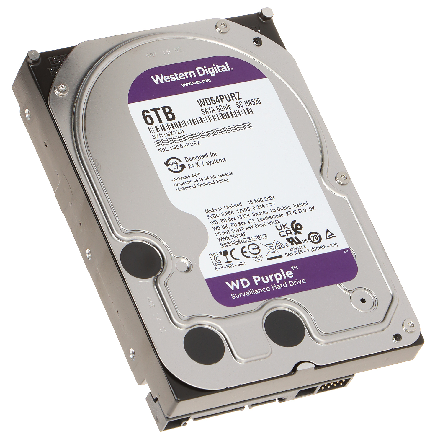Western Digital 6TB WD Purple Surveillance Internal Hard Drive HDD - SATA 6 Gb/s, 256 MB Cache, 3.5" - WD64PURZ