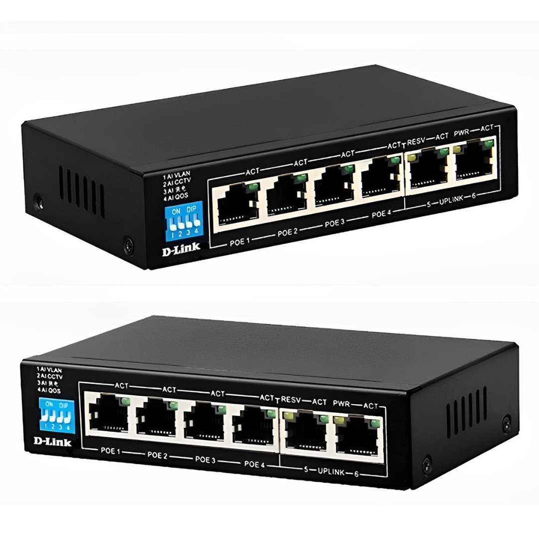 D-Link 250M 6-Port 1000Mbps Switch with 4 PoE Ports and 2 Uplink Ports- DGS-F1006P-E