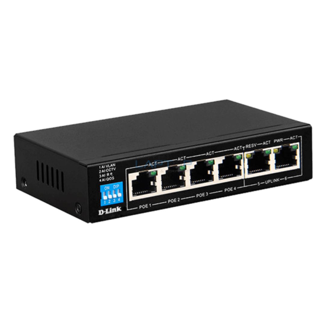 D-Link 250M 6-Port 1000Mbps Switch with 4 PoE Ports and 2 Uplink Ports- DGS-F1006P-E