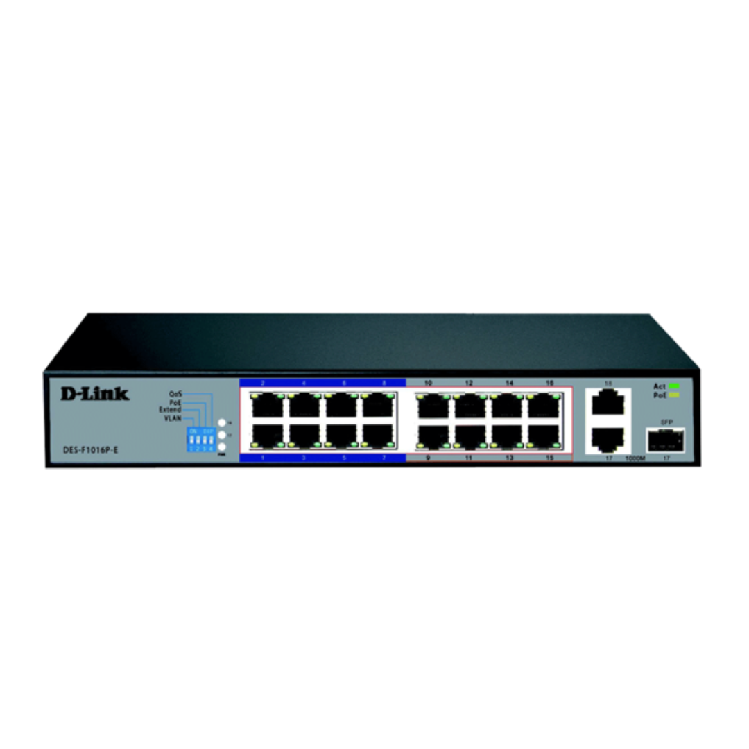 D-Link 16-port Fast Ethernet Unmanaged Long Range 250m PoE+ Surveillance Switch with 16 PoE ports- DES-F1016P-E