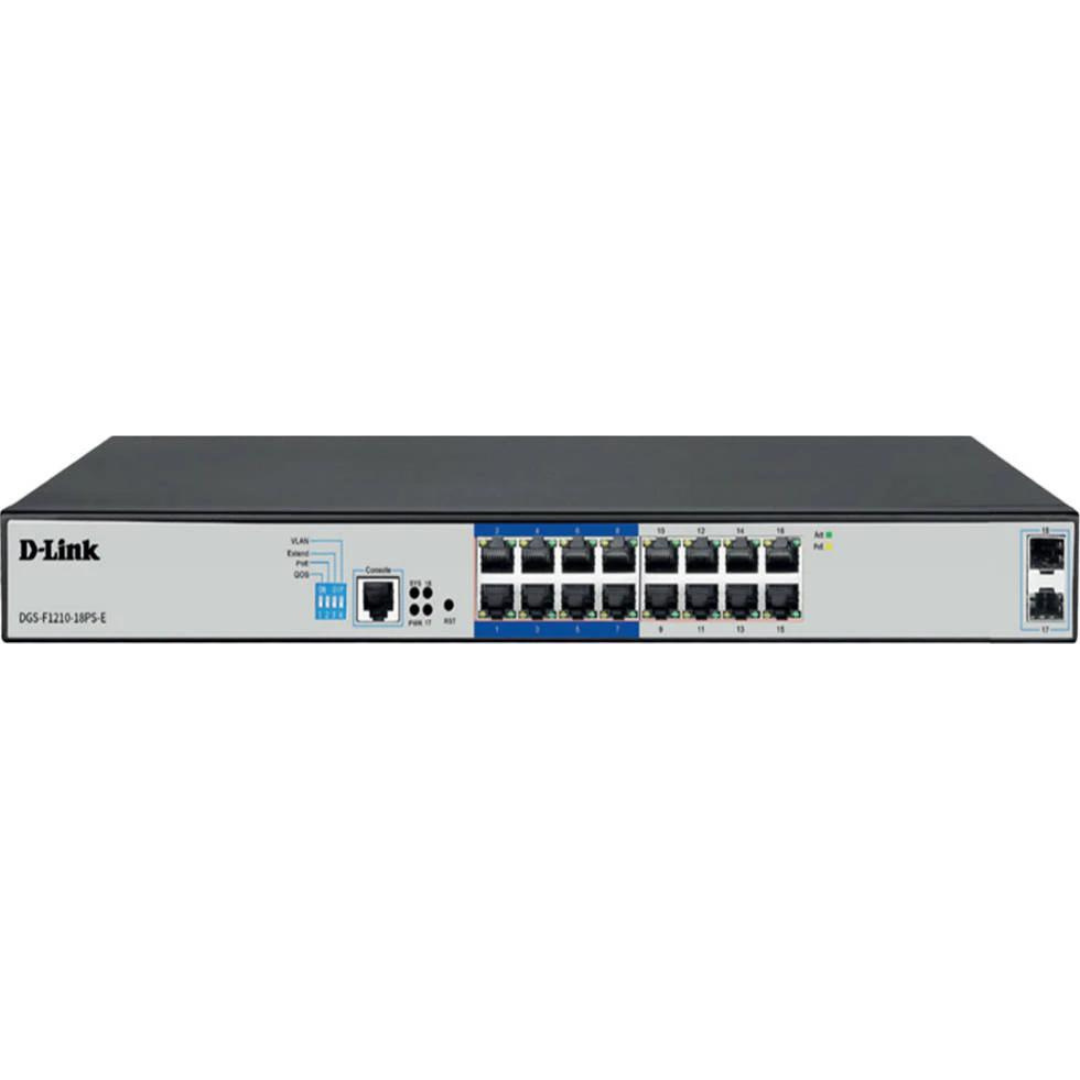 D-Link 16-port Gigabit Long Range 250m PoE+ Smart Switch with 16 PoE ports, 2 SFP ports- DGS-F1210-18PS-E