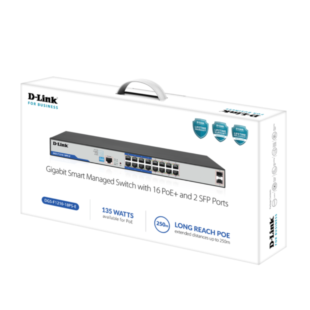 D-Link 16-port Gigabit Long Range 250m PoE+ Smart Switch with 16 PoE ports, 2 SFP ports- DGS-F1210-18PS-E