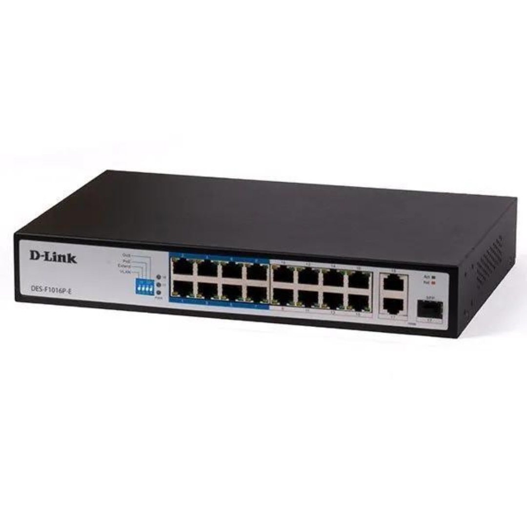 D-Link 16-port Fast Ethernet Unmanaged Long Range 250m PoE+ Surveillance Switch with 16 PoE ports- DES-F1016P-E