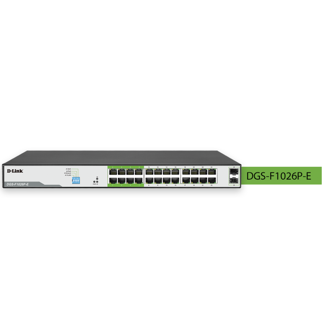 D-Link upto 250 Meter support 24-Port 1000Mbps PoE Switch with 2 SFP Ports- DGS-F1026P-E24