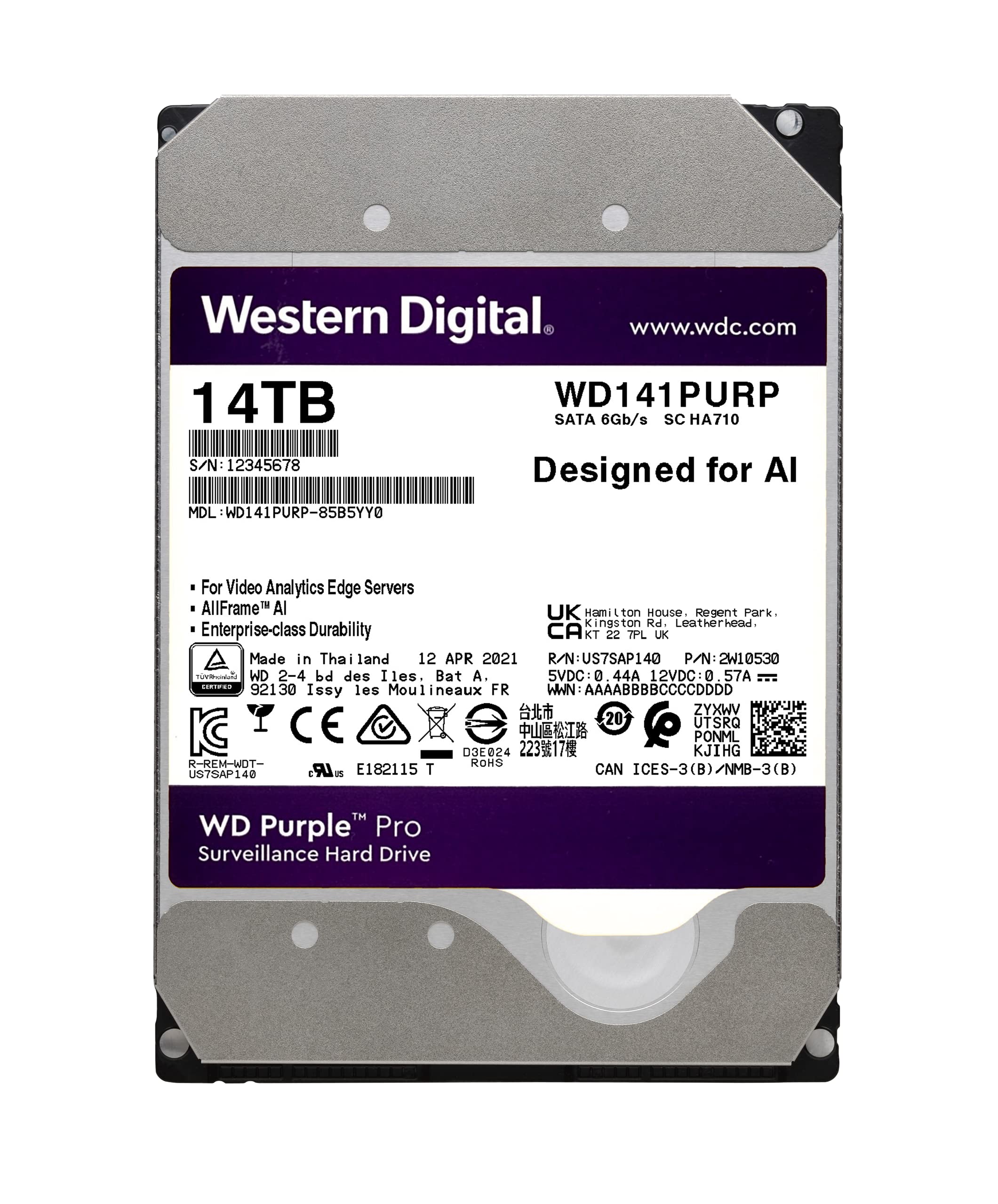 WD Purple Pro Surveillance Hard Drive 14TB, 512 MB, 7200 rpm- WD141PURP